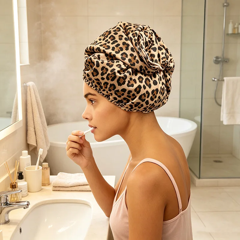 Neue wasserdichte Doppelschicht-Badekappe für Damen mit Leopardenmuster, dicke, schmutzabweisende Haarpflegekappe, wiederverwendbare Duschhaube mit elastischem Band – Detail 5