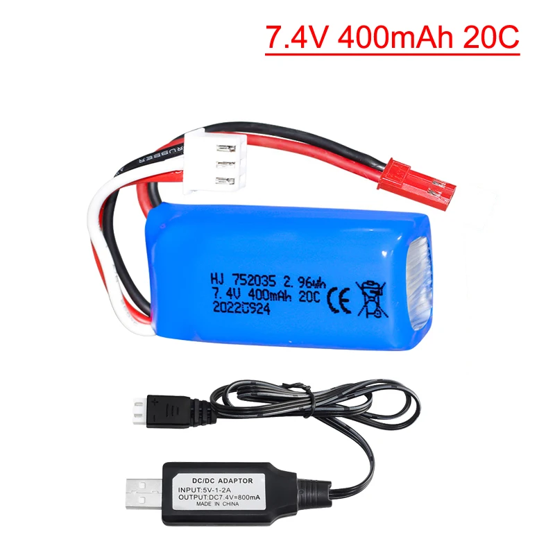 7.4V 400mAh Lipo Battery JST plug with USB cable For RC DM007 Airplane Quadcopter Drone Helicopter Toy Spare Parts 752035 2s