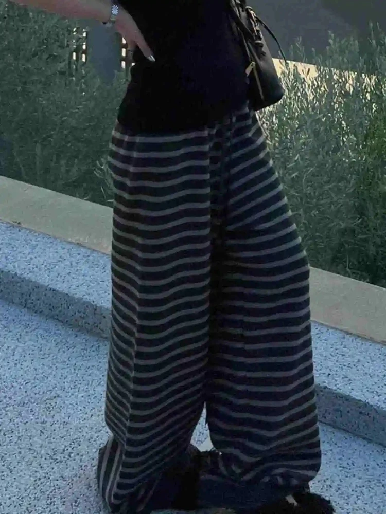 レディースカジュアルストライプパンツ ヴィンテージルーズルーズルーズストリートウェアストレートトラウザーズ 韓国風ハイウエストレトロワイドレッグパンツ