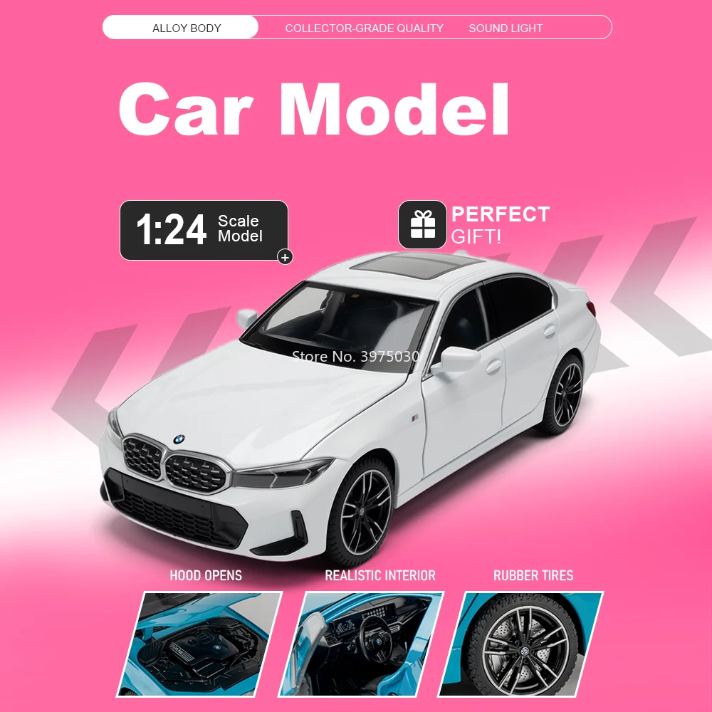 

Машинка-модель BMW 325li, масштаб 1:32, литая, из сплава, с открывающимися дверями, звуком и светом, откатным механизмом, коллекционная, для мальчиков