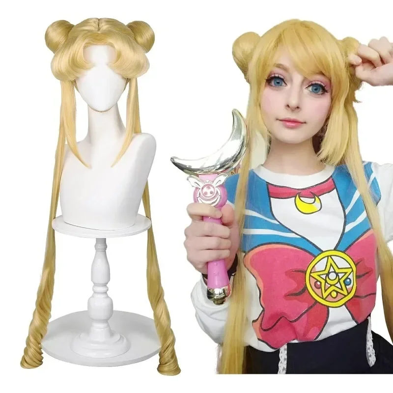 Sailor Moon Tsukino Usagi Long Curly Blonde Ponytails Wig with 2 Pongtails with Wig Cap for Halloween Costume Party