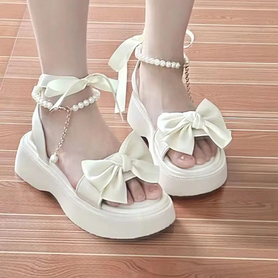 Comfort Shoes for Women Pearl Sandals Suit Female Beige Increasing Height Block Heels All-Match Black Bow 2024 Fashion Chunky Gi