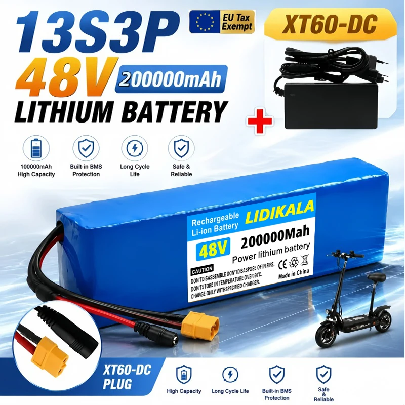 Pacco batterie al litio 13S3P 48V 200Ah 2000W 18650, 48V ad alta capacità, utilizzato per biciclette e scooter elettrici 48V con BMS, presa e caricabatterie