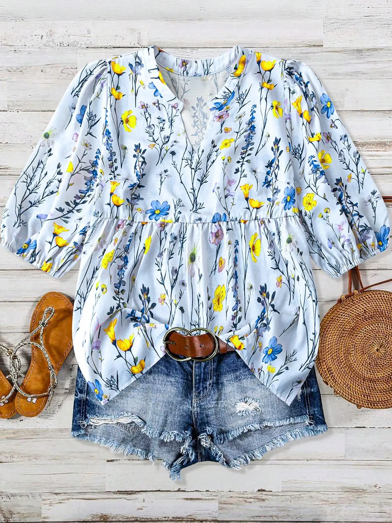 Women's Floral V-Neck Shirt, Casual Style, Breathable Lightweight Fabric, Perfect for Spring and Summer Wear, Fitted Design