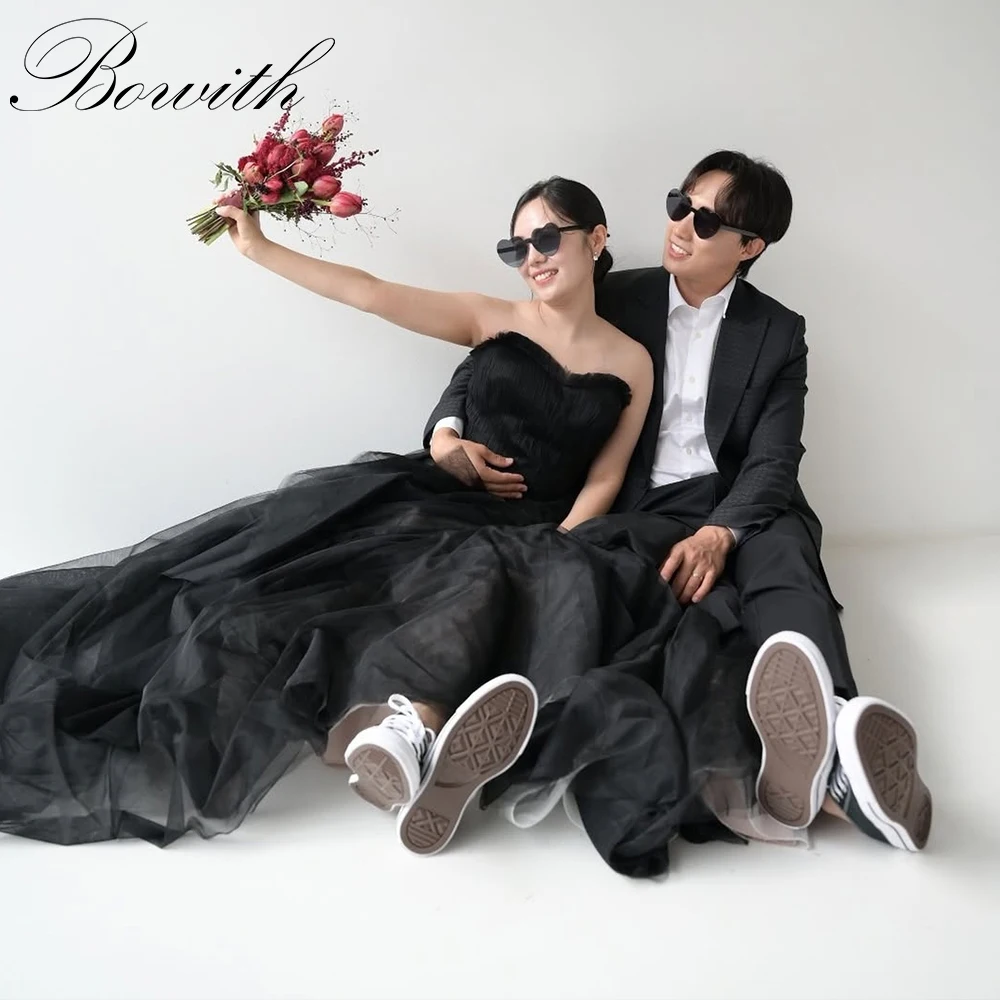 

Bowith Black Korean Wedding Dress Customized Strapless Photoshoot Bridal Gown Soft Tulle Sleeveless Evening Dresses