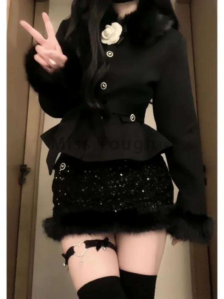 France Vintage Chic Winter Black 2-piece Sets Women Party Long Sleeve Slim Lace Up Coat + Paillette High Waist Skirt Suit 2025
