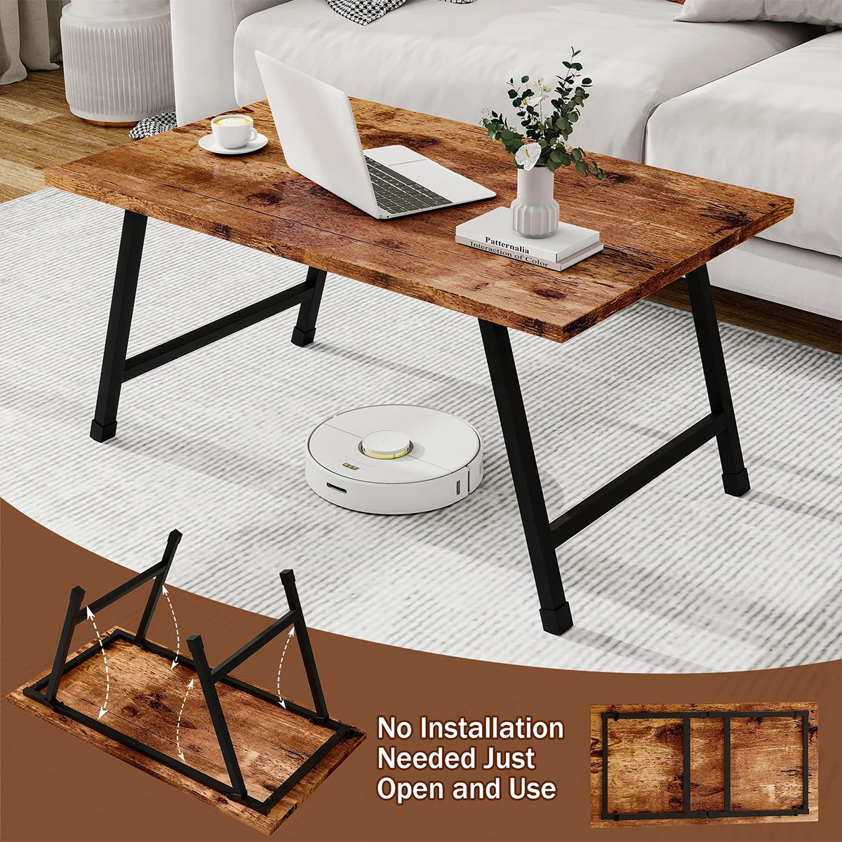 Black Coffee Table Foldable,Simple Modern Rectangular Center Table, Industrial Wood Tabletop and Metal Frame, Low Coffee Table