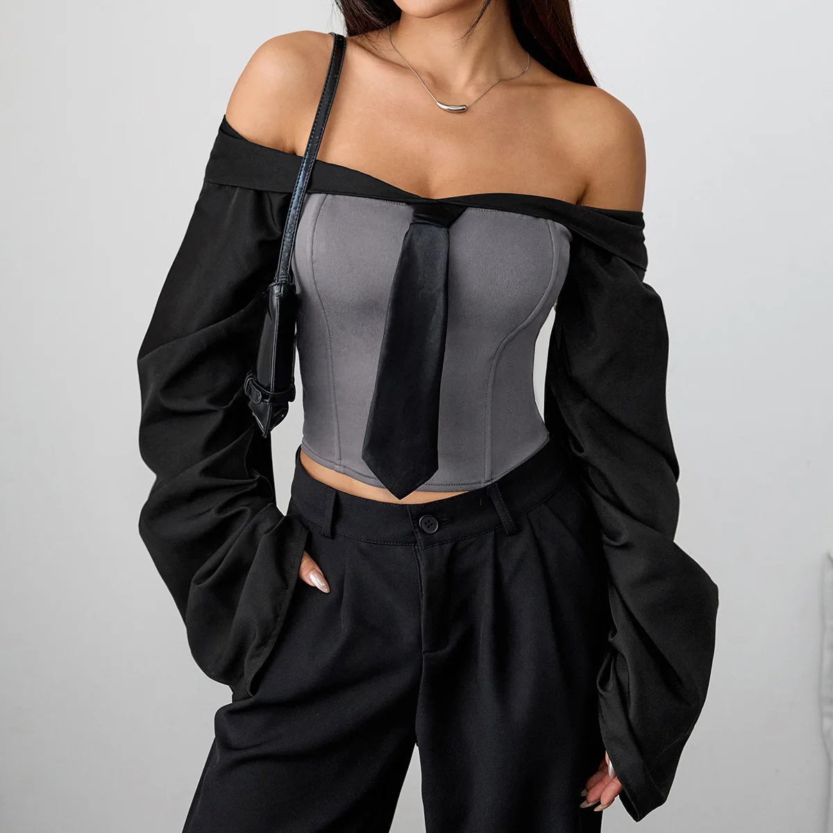 

Sexy Bare Shoulder Long Sleeve Corset Zipper Vest Women Autumn Fashion Short Crop Tops Aesthetic Clothes Slim Tie Bones Tank Top
