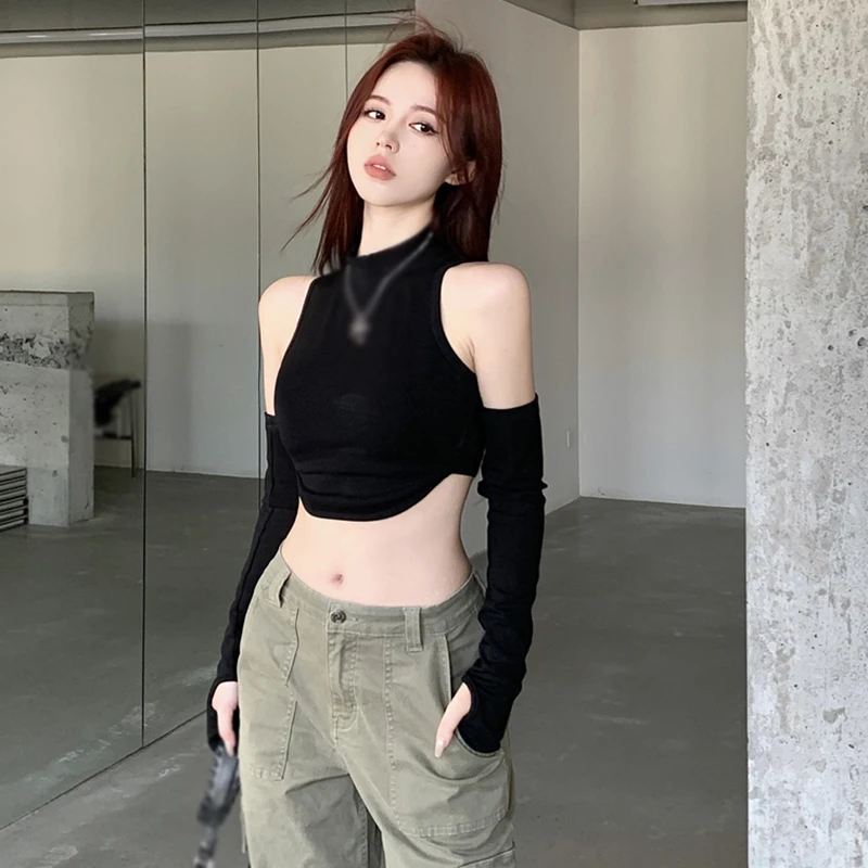 Women's Tops Crop Top T Shirt Spring Autumn Slim Sexy Casual Korean Version Black .