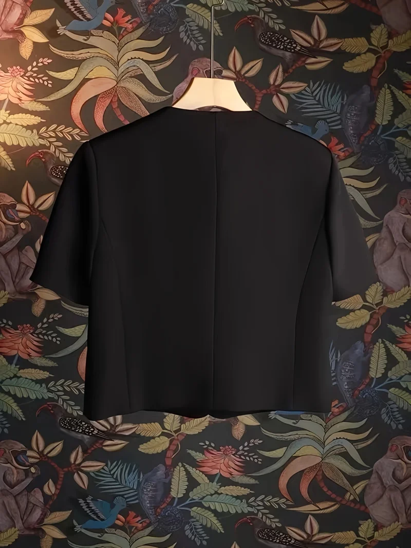 Jaqueta elegante de manga curta feminina, casaco pequeno, de botão simples, casaco preto casual, moda vintage, primavera, verão, escritório, novo