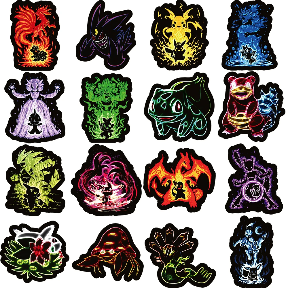10/30/50/100pcs Anime Pokemon Neon Light Stickers Cartoon Pikachu Eevee Decals Phone Skateboard Notebook Cool Graffiti Sticker