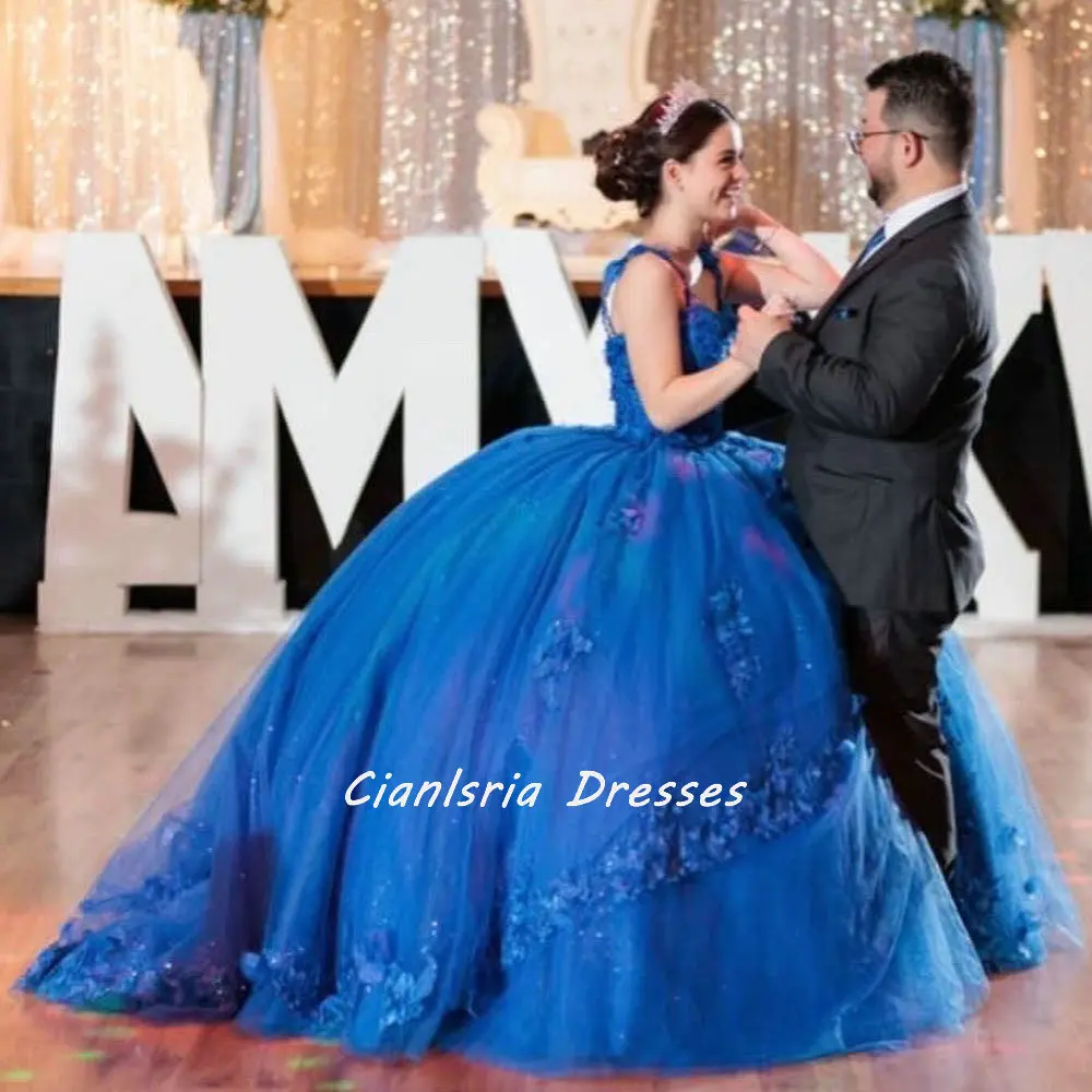 Royal Blue 3D Flowers Crystal Quinceanera Dress Ball Gown Spaghetti Strap Appliques Corset Sweet 15 Vestidos De Quinceañera