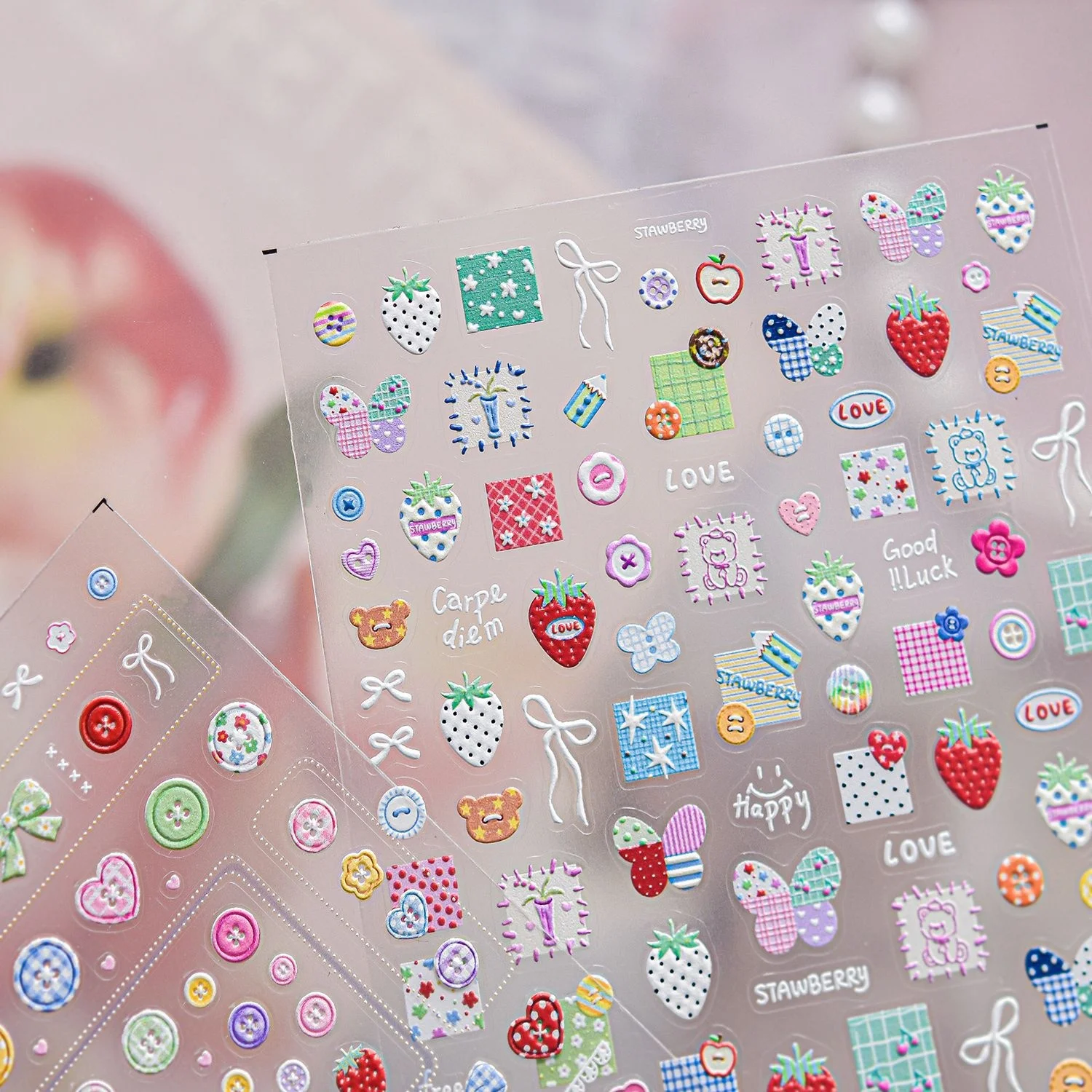 5D Cartoon Nail Stickers Plaid Button Bow Strawberry Cherry Bear Color Heart Decals Cute Childlike Style Self Adhesive Manicure
