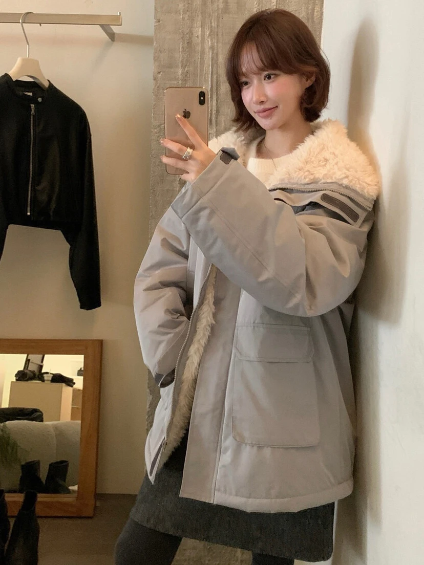 

Женское свободное зимнее пальто с мехом ягненка, милое хлопковое пальто Аосфера, теплая верхняя одежда в американском стиле ретро