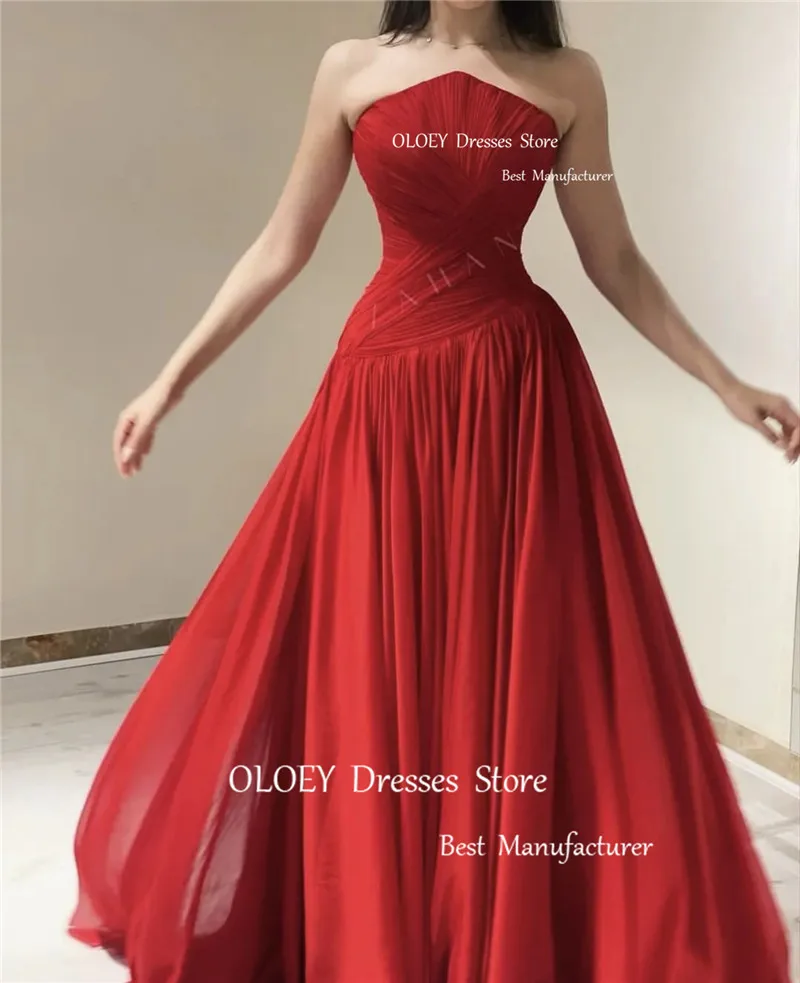 

OLOEY Red Silk Chiffon Prom Dresses Saudi Arabic Women Pleats Strapless Floor Length Evening Gowns Formal Party Dress Celebrity