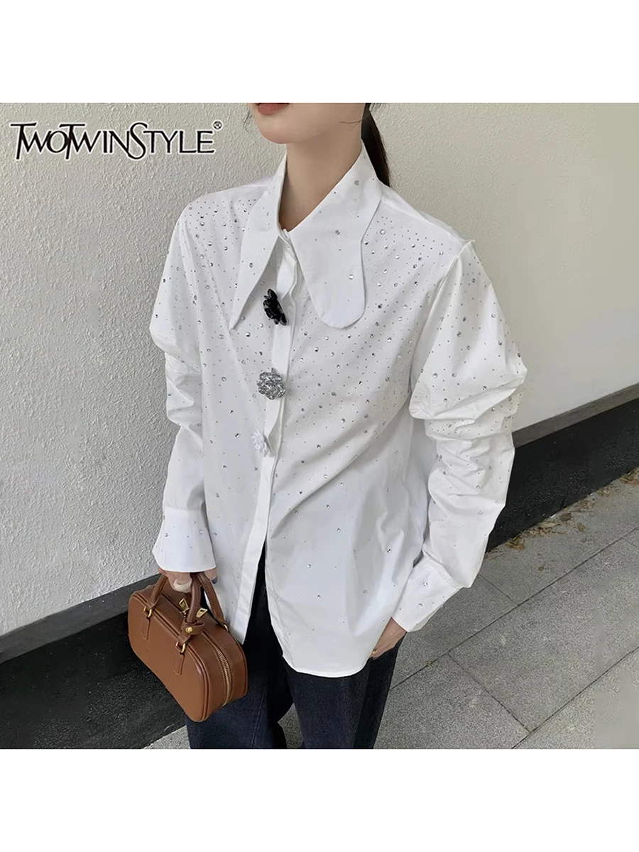 TWOTWINSTYLE Solid Spliced Diamonds Loose Blouse For Women Lapel Long Sleeve Temperament Casual Shirts Female Fashion Style New