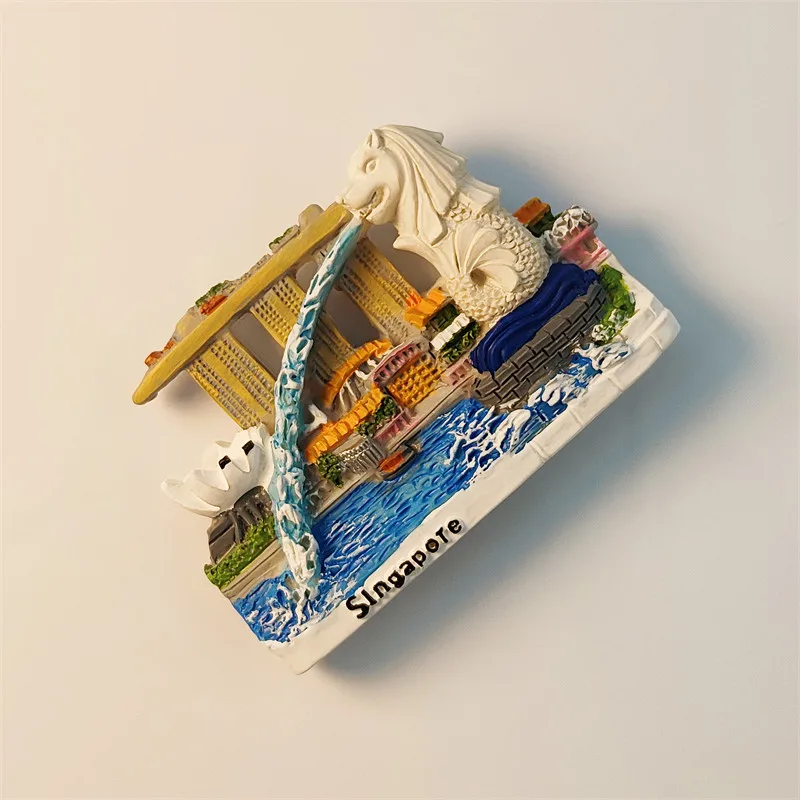 Singapore landmark Merlion fountain tourist souvenirs 3D painted Marina Bay Sands Hotel refrigerator magnets resin material