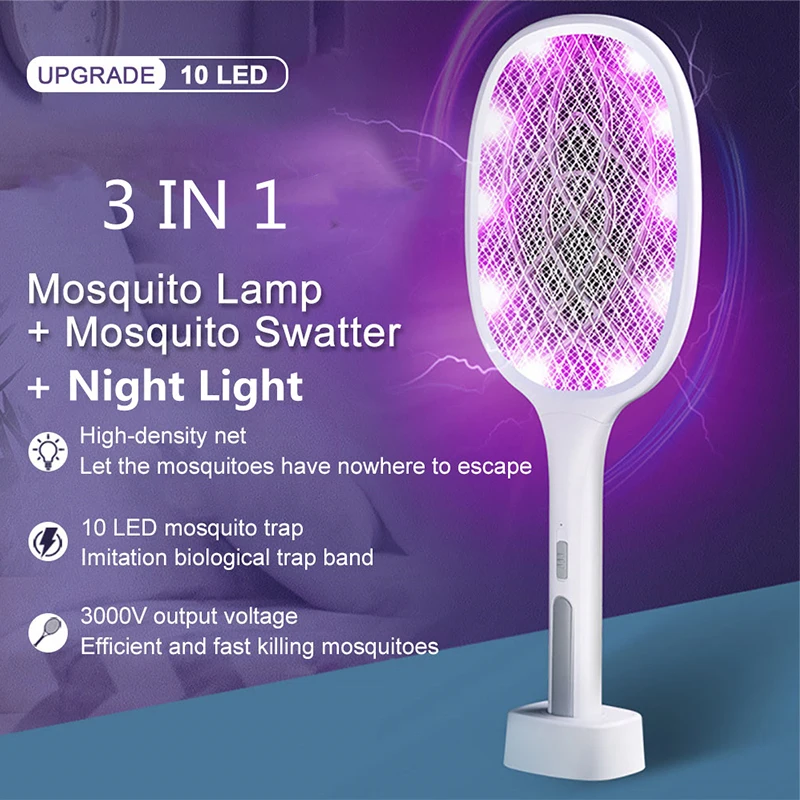 10LED Trap Mosquito Killer Lamp Electric Flies Swatter USB Rechargeable Summer Mosquito Trap Racket Anti Insect Bug Zapper 3000V
