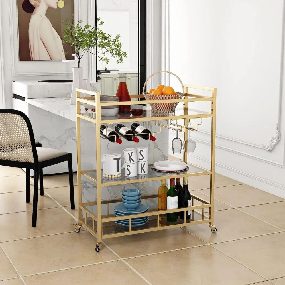 2024 New Bar Cart Gold with Bottle Storage and Wine Glass, Rolling Serving Bar Cart on Wheels Indoor & Outdoor