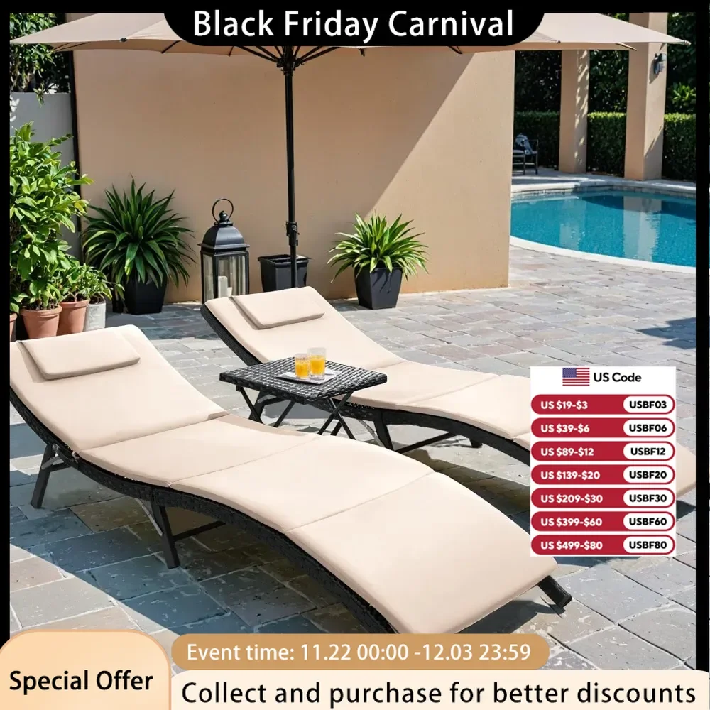 3 Pieces Patio Chaise Lounge with Cushions Unadjustable Modern Outdoor Furniture Set PE Wicker Rattan Backrest Lounger Chair