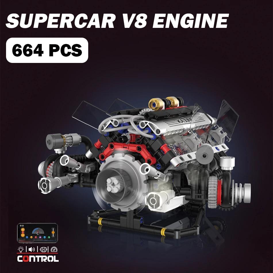 MOC Supercar F1 Motorized V8 Engine Model Building Blocks Car Parts Electrical Drive Engine Assembly Bricks Toy Adults Kids Gift