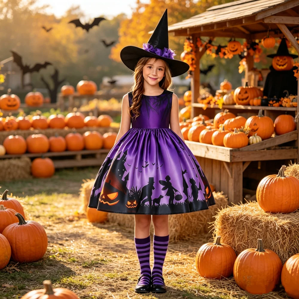 (Dress Only)Girl's Purple Printed Halloween Costume Dress Bow Detail for Halloween Performances Weddings