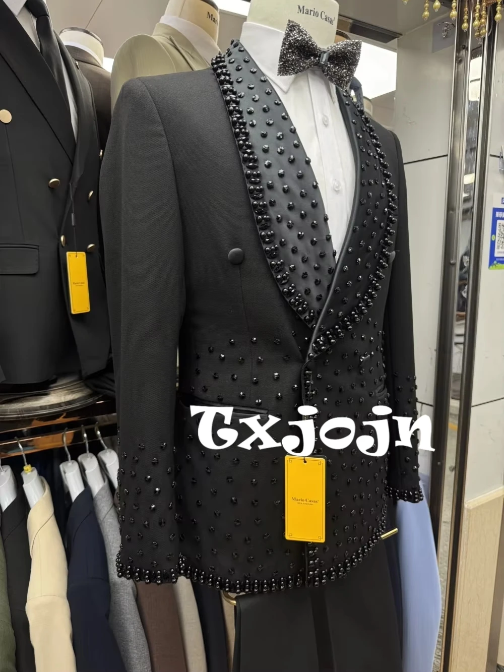 

Black Luxury Crystal Double Breasted Men's Tuxedo 2 Pieces Business Party Outfit,New Handsome Man Suit Set Wedding Groom Sets
