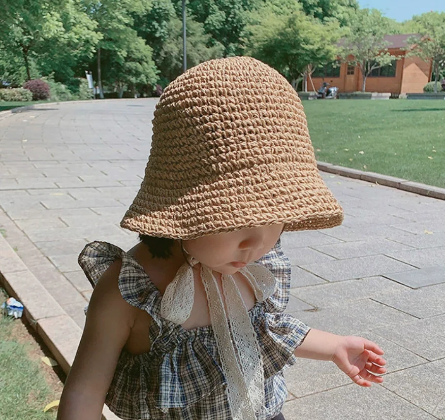 

Cute Toddler Girls Straw Sun Hat Wide Brim UV Protection Summer Beach Cap Baby Kids Outdoor Vacation Fashionable Protection