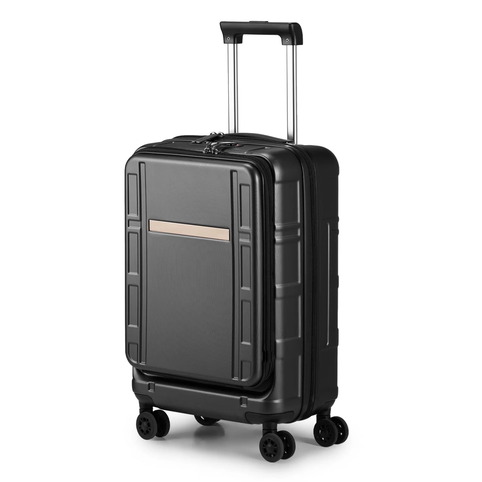 22 X 14 X 9 Airline Approved, ABS+PC 20 Inch Luggage with Front Compartment, Double Spinner Wheels, TSA Lock，Black Color