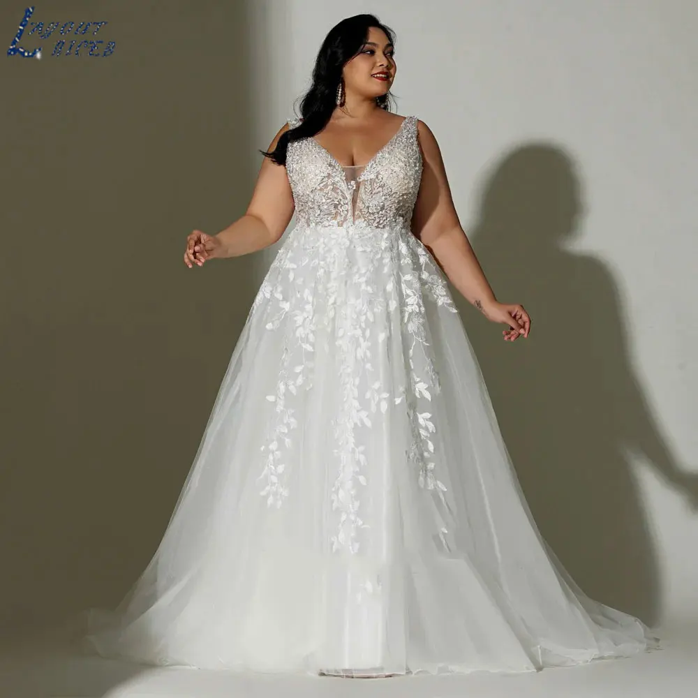 LAYOUT NICEB 2024 Classic Lace V Neck Wedding Dresses Elegant Plus Size Sleeveless Bride Gowns A-Line Robe De Mariée Custom Made