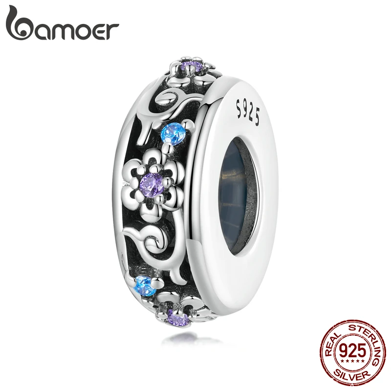 Bamoer 925 Sterling Silver Exquisite Pattern Spacer Charm CZ Beads Silicone For Women Fit Original DIY Bracelet Necklace Jewelry