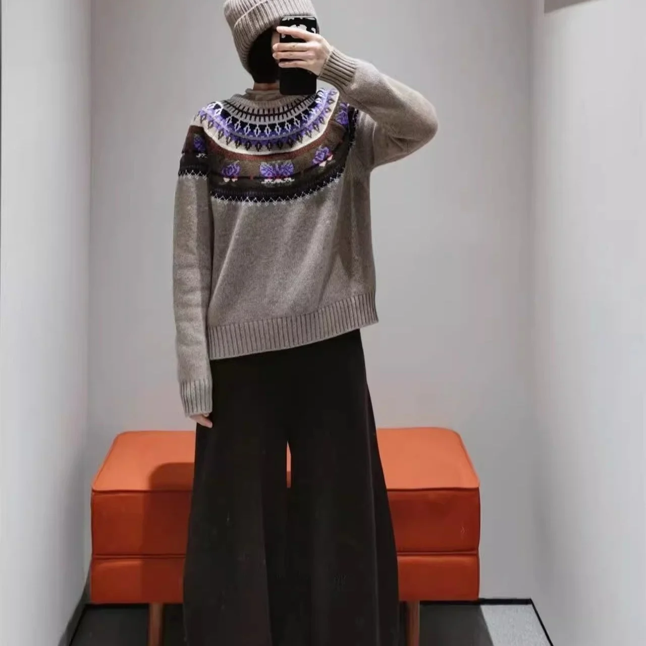 

Теплый вязаный свитер с круглым вырезом, осенне-зимний, шерстяной, с геометрическим узором, повседневный, свободного кроя, женский, с длинными рукавами