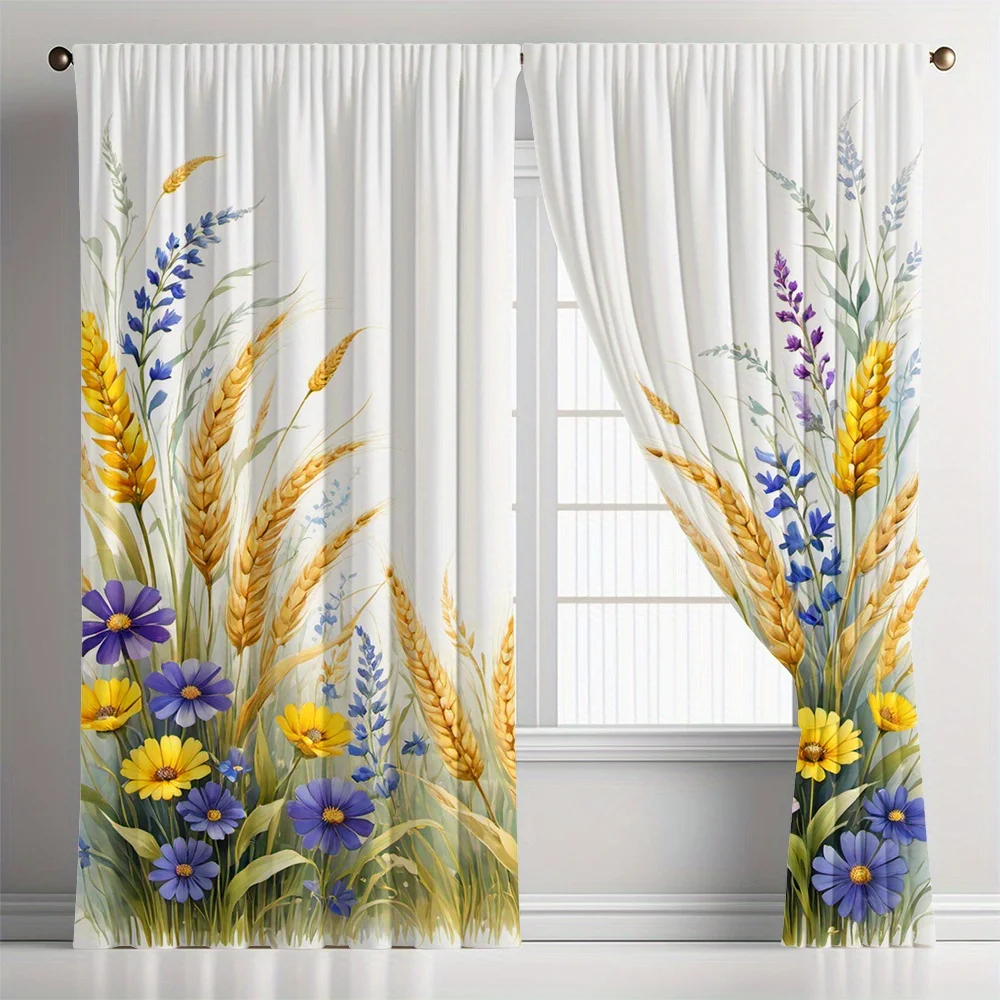 2pcs Natural Floral And Wheat Print Curtains, Featuring a Modern Artistic Style with Rod Pocket Design, Suitable for Home Decora