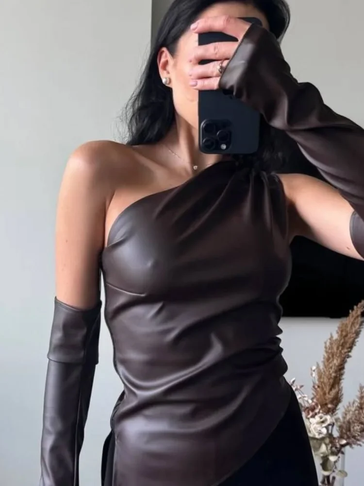 أزياء بلون المنحدر الكتف الجلود أعلى المرأة أكمام الخصر Cinching التخسيس بلوزات قصيرة سيدة اليومية أبلى غير رسمية