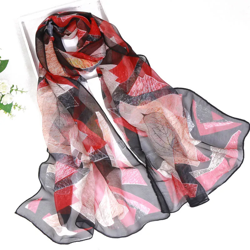 New Design Women Foulard Chiffon Georgette Silk Scarf Green Tree leaf Print Sunscreen Long Shawl Muslim Hijab HY87