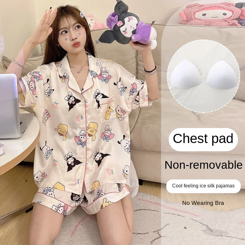 Sanrio-Confortável Pijama De Seda De Gelo, Leve, Respirável com Peito Pad, Terno De Lazer, Por Favor Legal Homewear, Novo, S