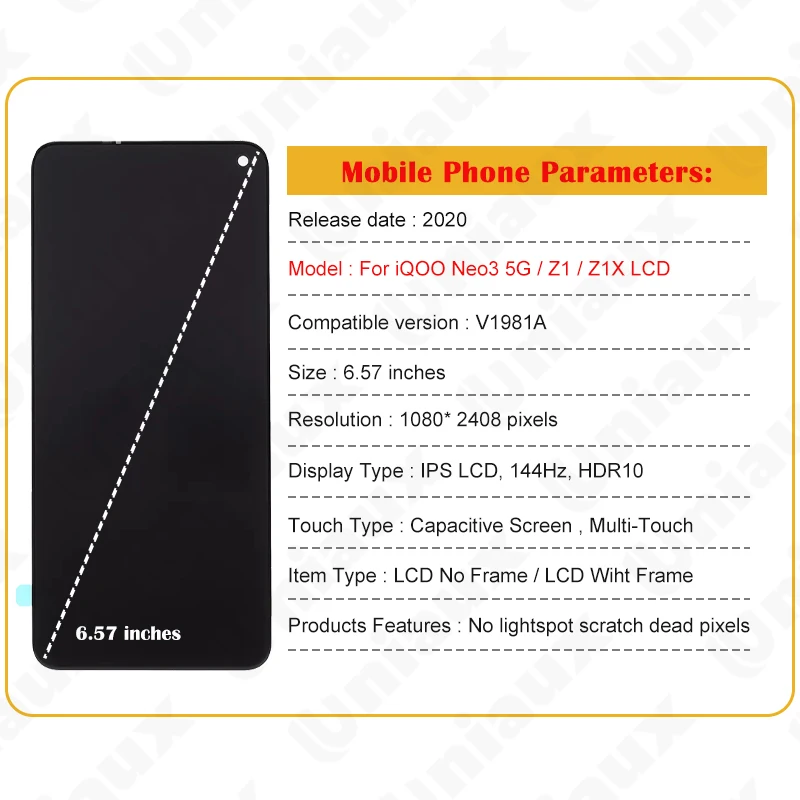 LCD Display Touch Screen Digitizer Assembly Replacement Parts for VIVO IQOO Neo3 5G Z1 Z1X V1981A V1986A V2012A, 6.57\