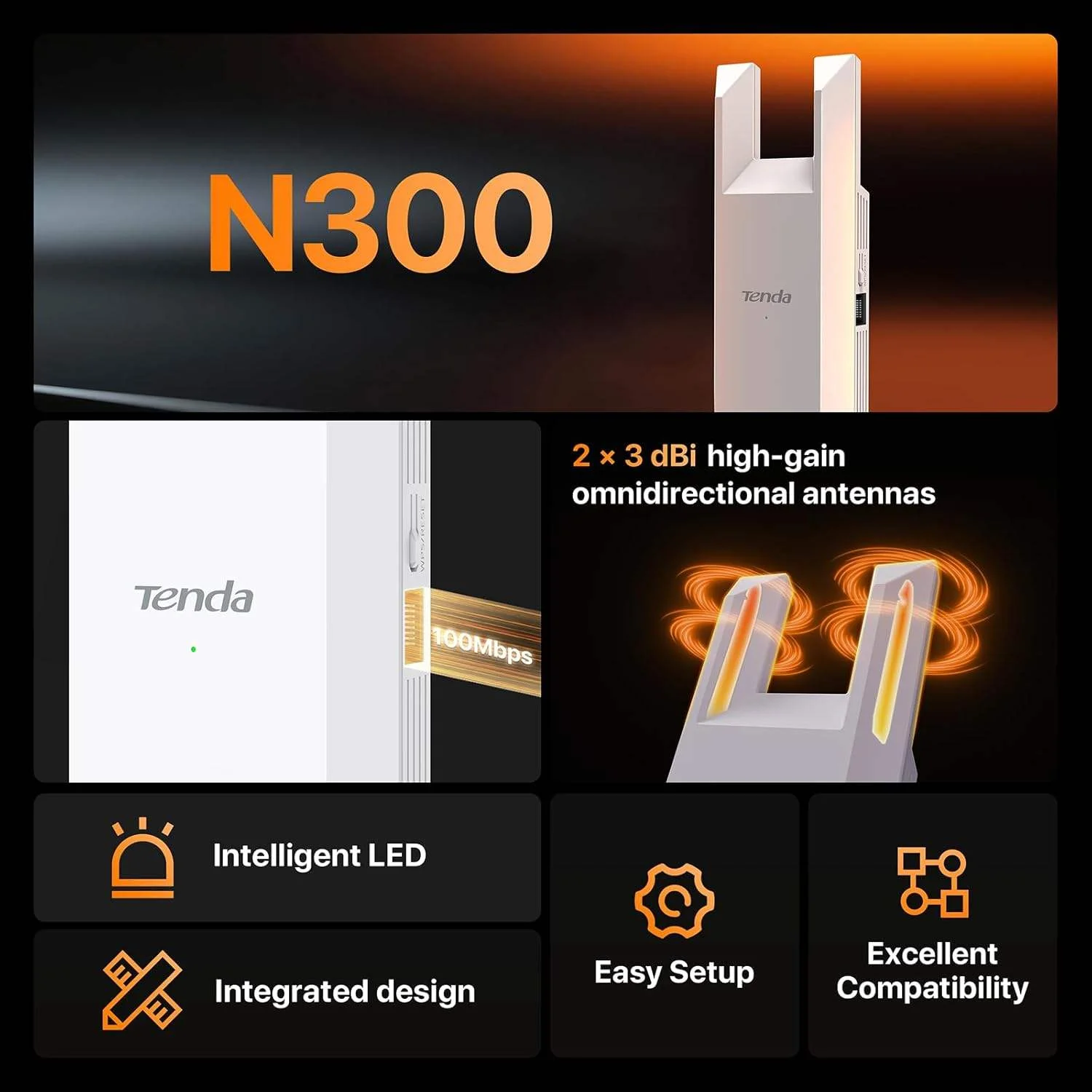 Tenda WiFi Extender N300 300Mbps External Signal Booster Ethernet Port 800 Sq. Ft. Coverage Single Band Repeater AP Modes