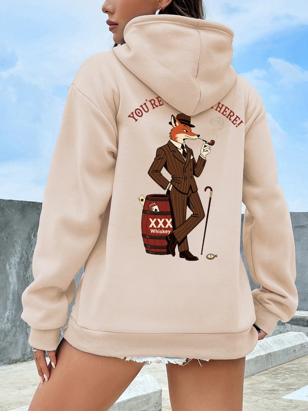 You'Re Almost There Fox Prints Hoodies Women Casual Pocket Sweatshirts Winter Fleece Warm Pullovers Basics Sporty Woman Clothes