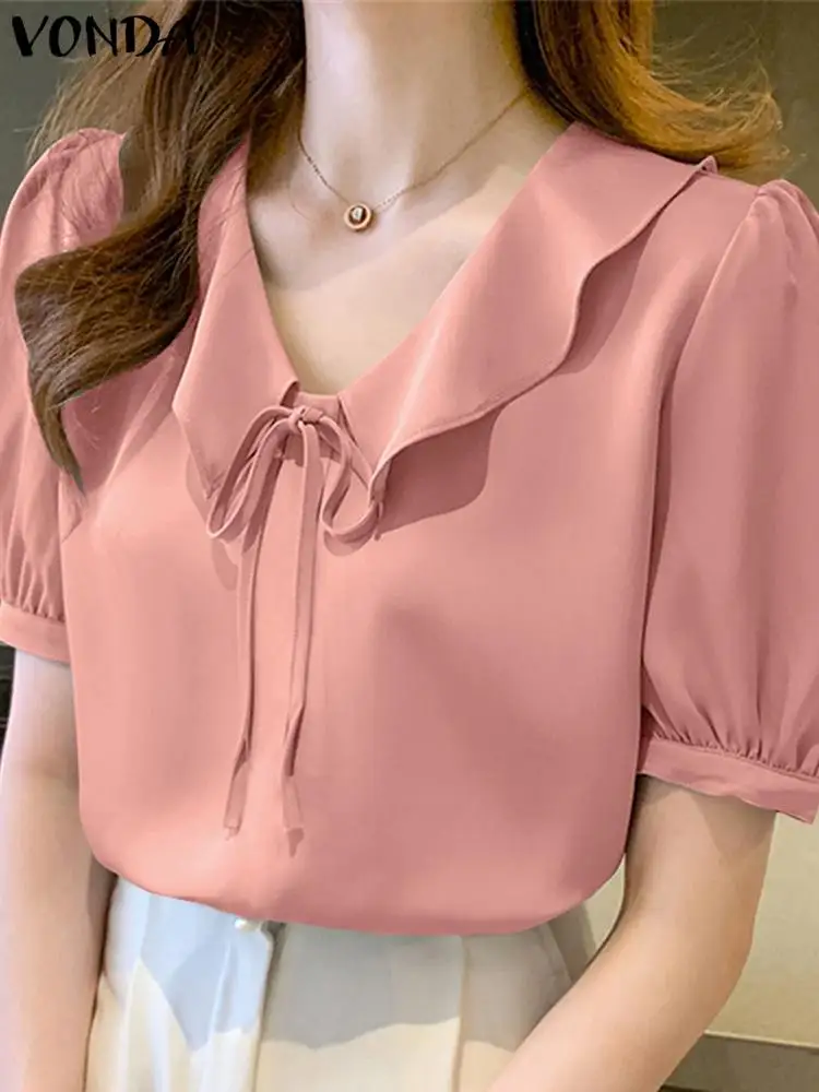 VONDA Fashion Shirts Women Ruffles Blouse 2024 Summer Elegant Solid Color Short Sleeve Tops Loose Casual Blusas Tunic Oversized