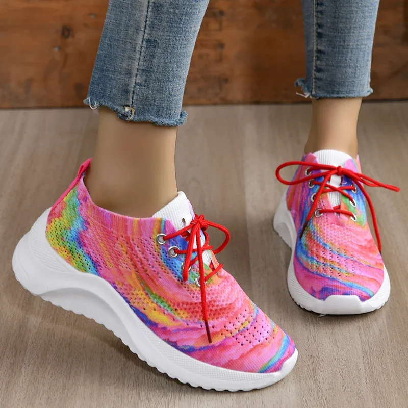 Fashion Rainbow Mesh Platform Sneakers for Women Summer Non Slip Knitting Tennis Shoes Woman Lace Up Casual Walking Trainers