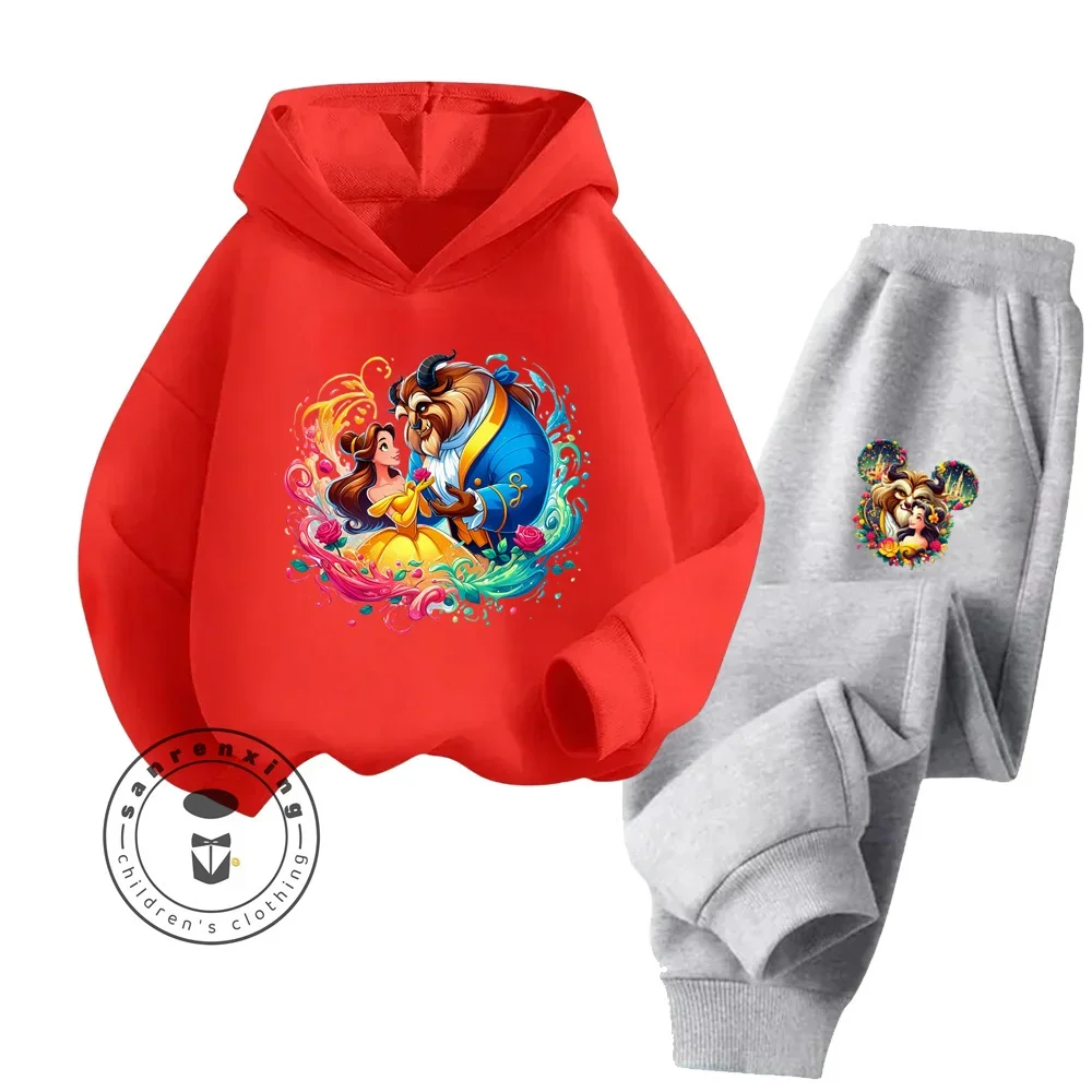 Cute Disney Cartoon Beauty and the Beast Outfit for Ages 3-14 Kids Lovely Kawaii Cartoon Prints Simple Chic Hoodie Tracksuit