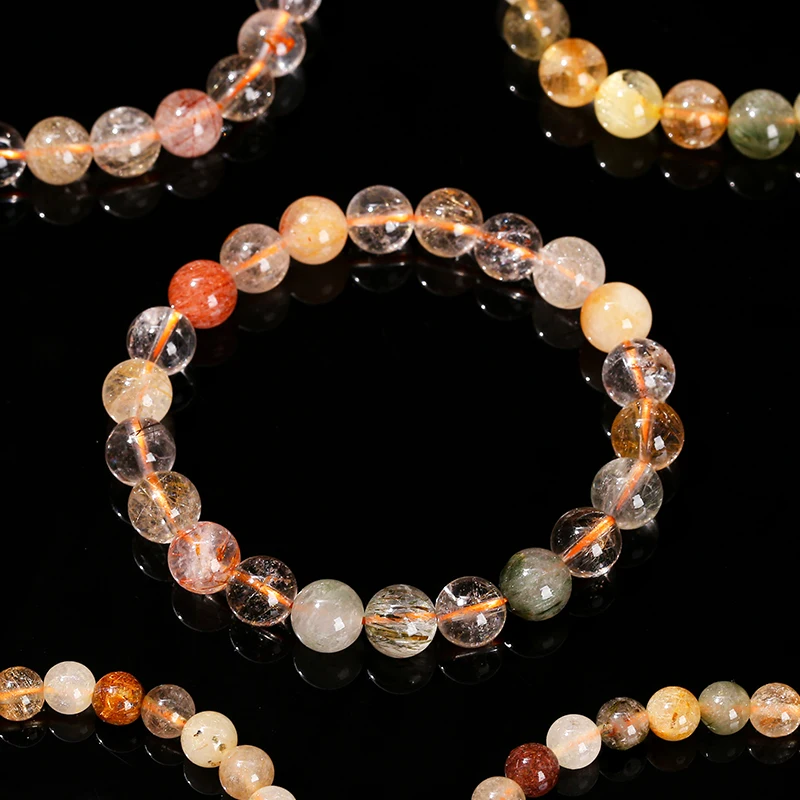 JD Natural Mixed Color Rutilated Quartz Bead Bracelets Women Trendy Round Crystal Stone Handmade Strand Bangles Yoga Jewelry