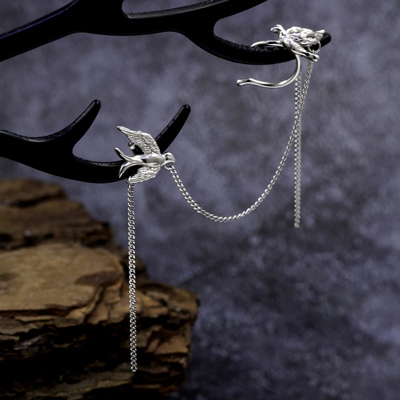 Flying Bird earrings, ear cuff, cold style S925 sterling silver niche temperament, high-end ear cuff silver jewelry