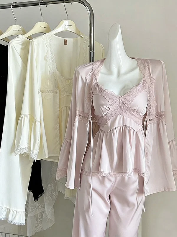 Zhaolu Sexy Lace Ice Silk Sleepwear Three-Piece Set Women's Long Sleeve Strap Home Clothes V-neck Adjustable Shoulder Strap