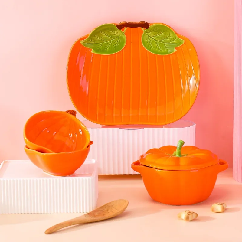 

Creative Cartoon Pumpkin Shaped Ceramic Salad Bowl Soup Bowl Family Fruit Snack Plate Kitchen Utensils Accessories