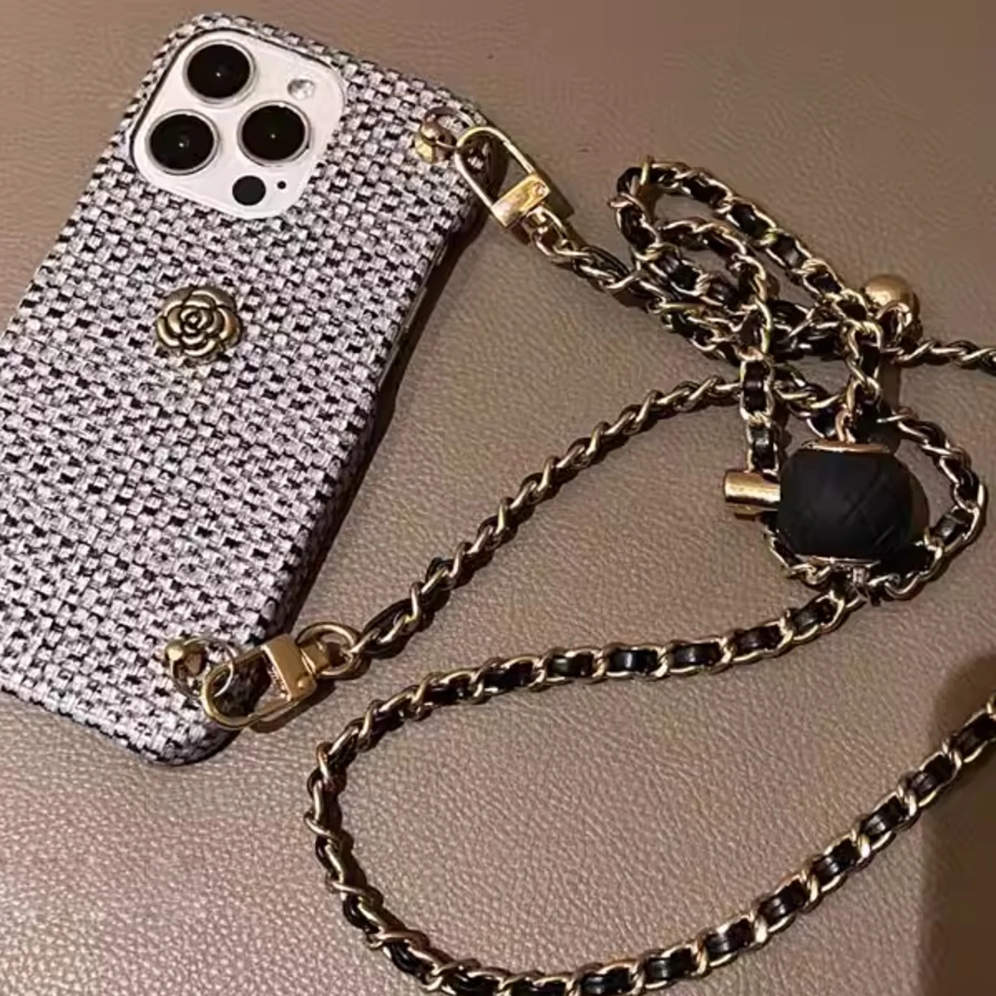 Stylish Woven Camellia Phone Case With Crossbody Strap For iPhone 15 14 13 12 11 Pro Max Anti-fall Premium Girl Phone Case