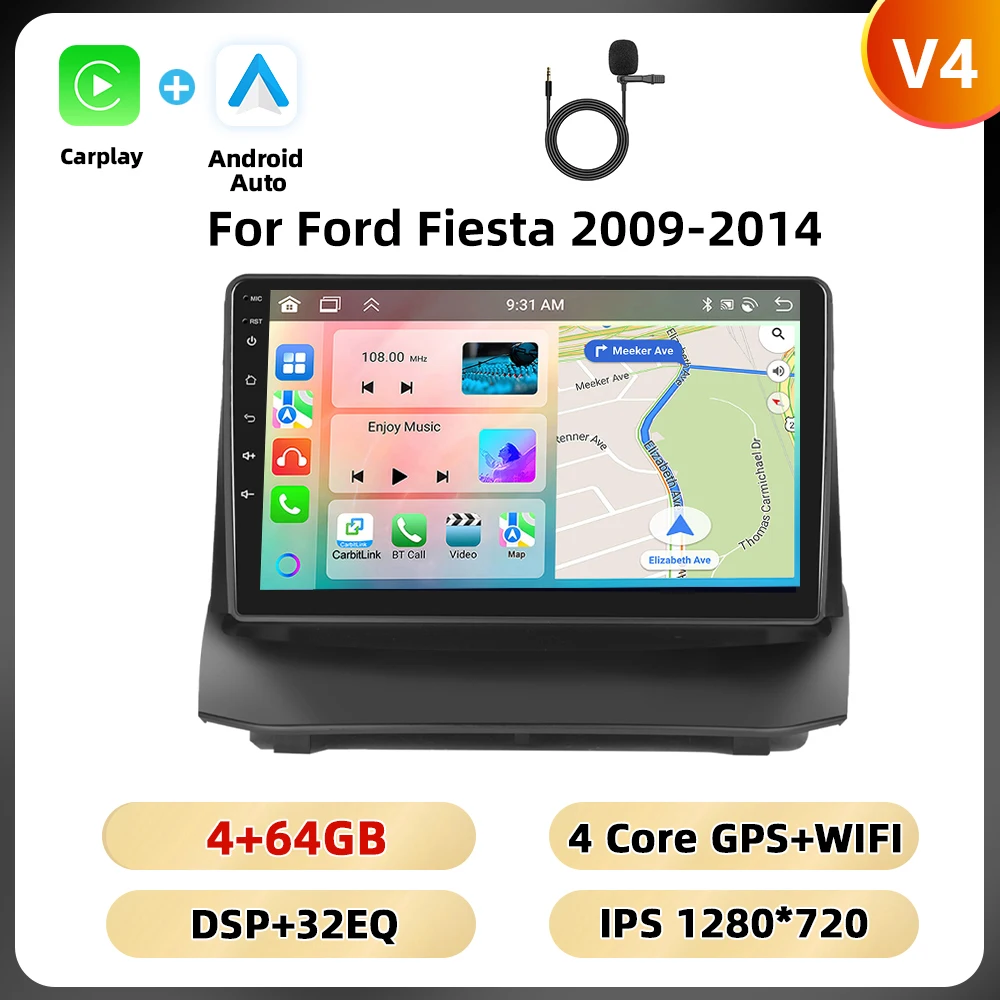 Podofo 2din 8Core Autoradio Voor Ford Fiesta 2009-2014 Multimediaspeler Gps Navigatie Wifi 4G Carplay Android Autoradio
