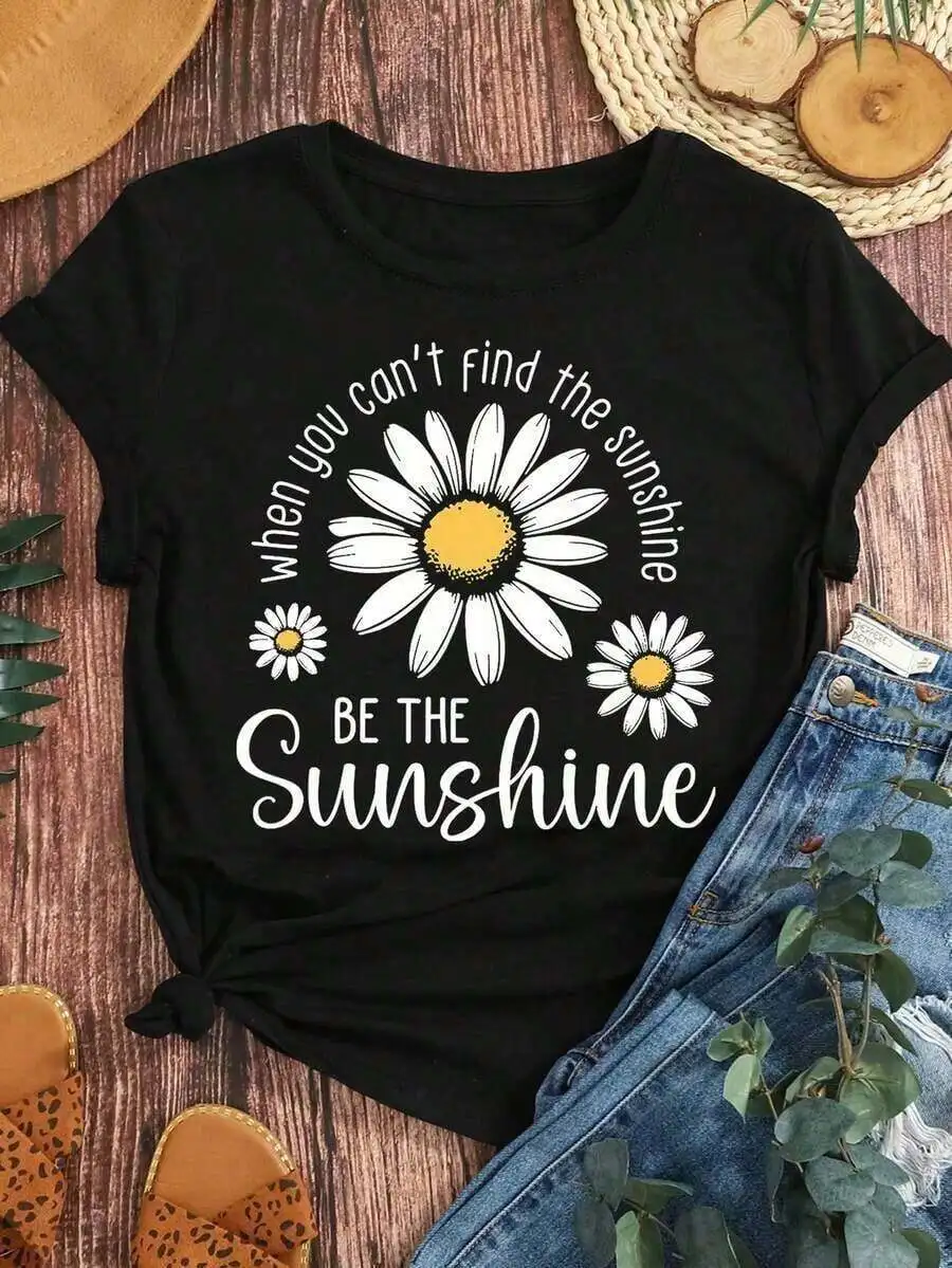 2026 Fashion New Arrival Women Plus Size Graphic Tee Crew Neck Short Sleeve T‑Shirt With Chrysanthemum And English Letter Print Casual Tops Ideal For Summer Vacation Beach Trip And Daily Wear