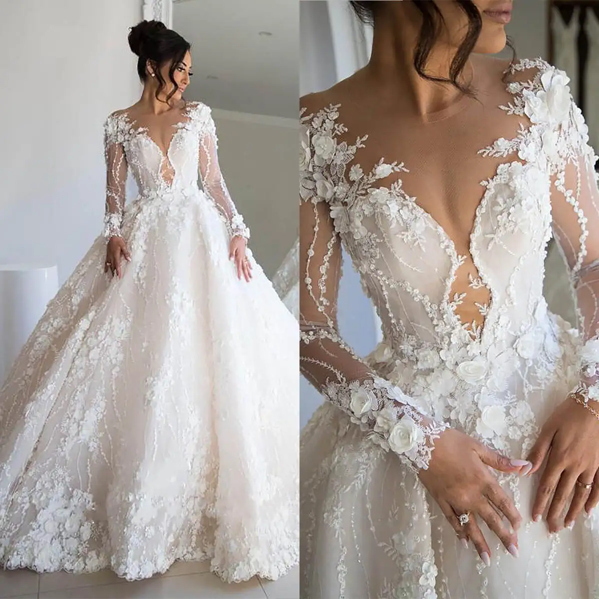 Exquisite Ball Gown Wedding Dresses Long Sleeve 3D-Appliques Lace Bridal Gown Sweep Train Vestido De Noiva Customized